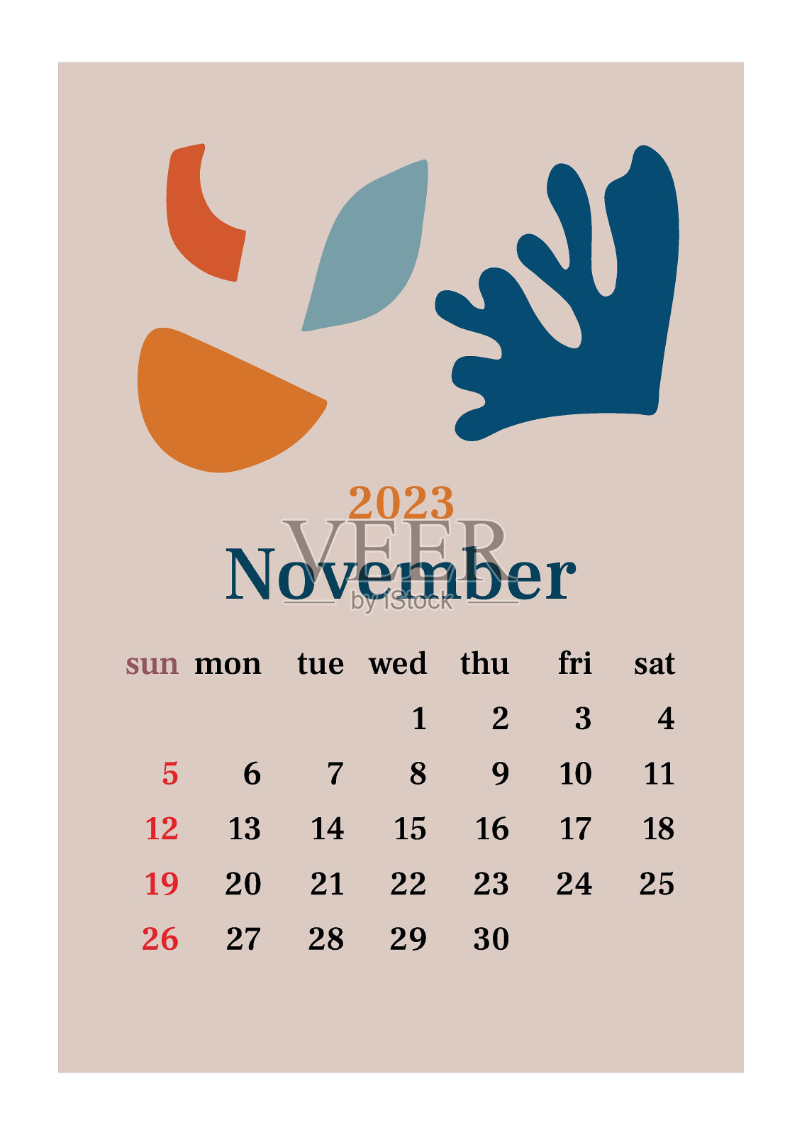 这一页是2023年11月,色调柔和,有着抽象的有机形状。垂直海报在美学风格粉彩。矢量插图设计设计模板素材