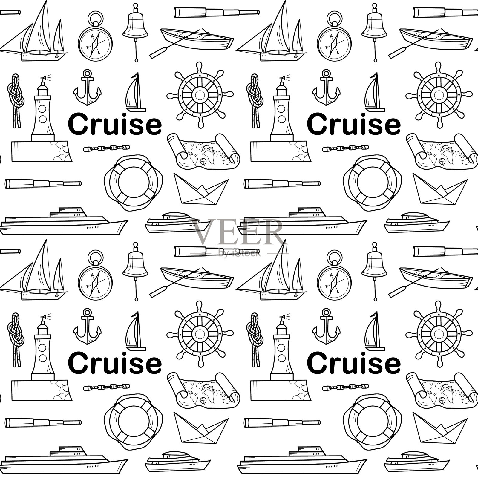 以海洋为主题的轮廓无缝图案插画图片素材