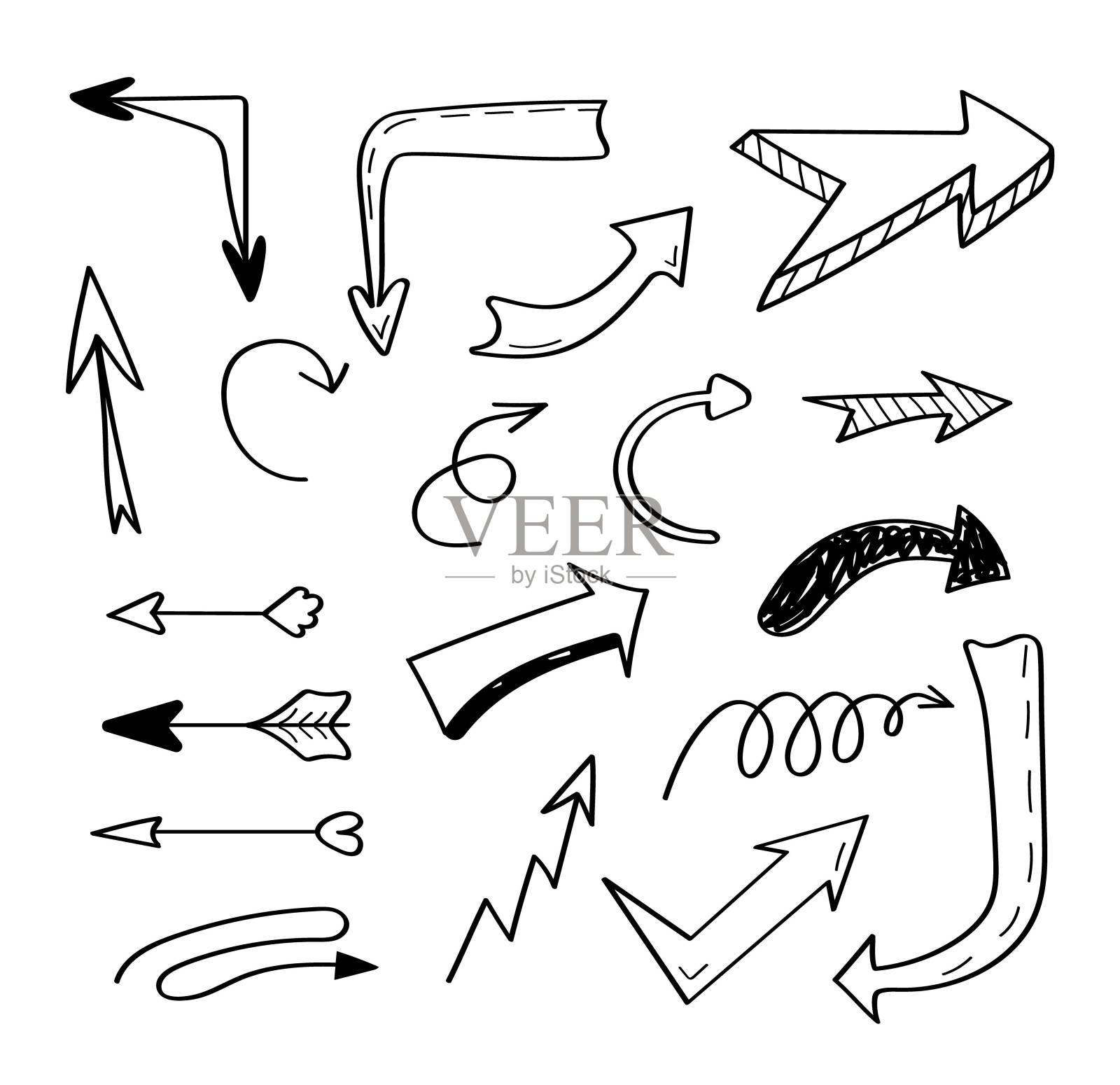 手绘箭头图标和符号向量。符号箭头为网页,应用程序,社交网络在手绘涂鸦风格。图标素材