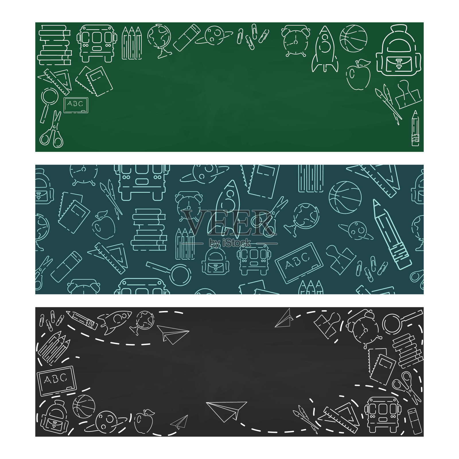 回到学校图标设置。绿色或黑板背景。学校,办公用品。涂鸦图标和粉笔铭文。简单的设计。横幅,海报模板。平面样式矢量插图插画图片素材