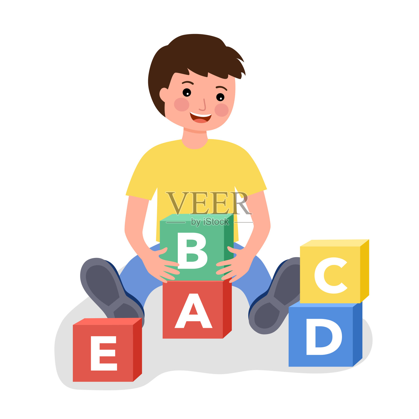 小男孩在白色背景上玩平面设计的ABC字母立方体。儿童发展概念矢量插图。插画图片素材