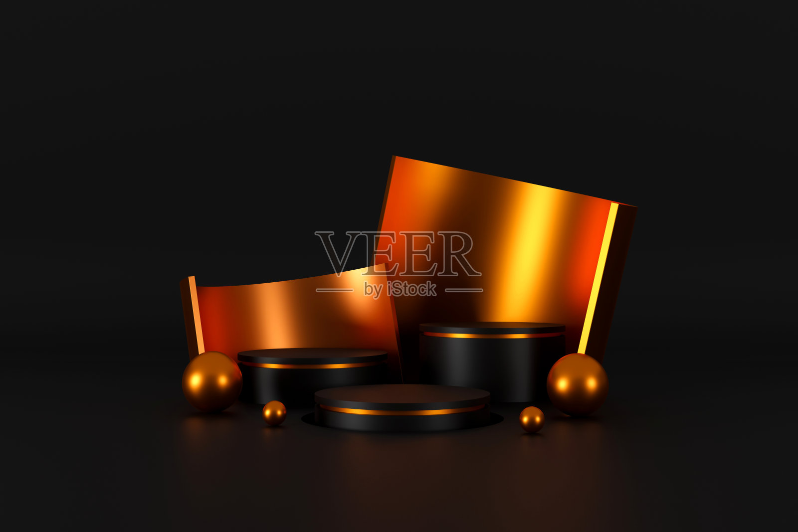 黑色的领奖台在舞台上以黑色和金色的平台最少。展示化妆品和珠宝产品的舞台。舞台黑色基座现代3d工作室黑暗平台照片摄影图片