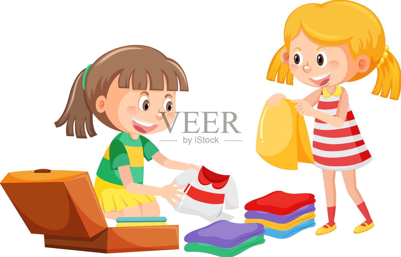 女孩叠衣服和打包行李设计元素图片