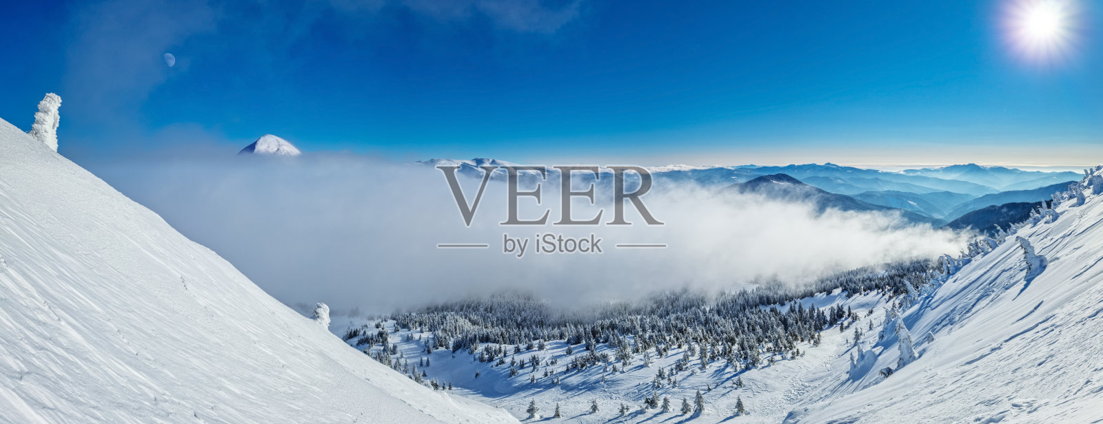 美丽的阳光明媚的冬季山景。高山和冷杉被雪覆盖。照片摄影图片