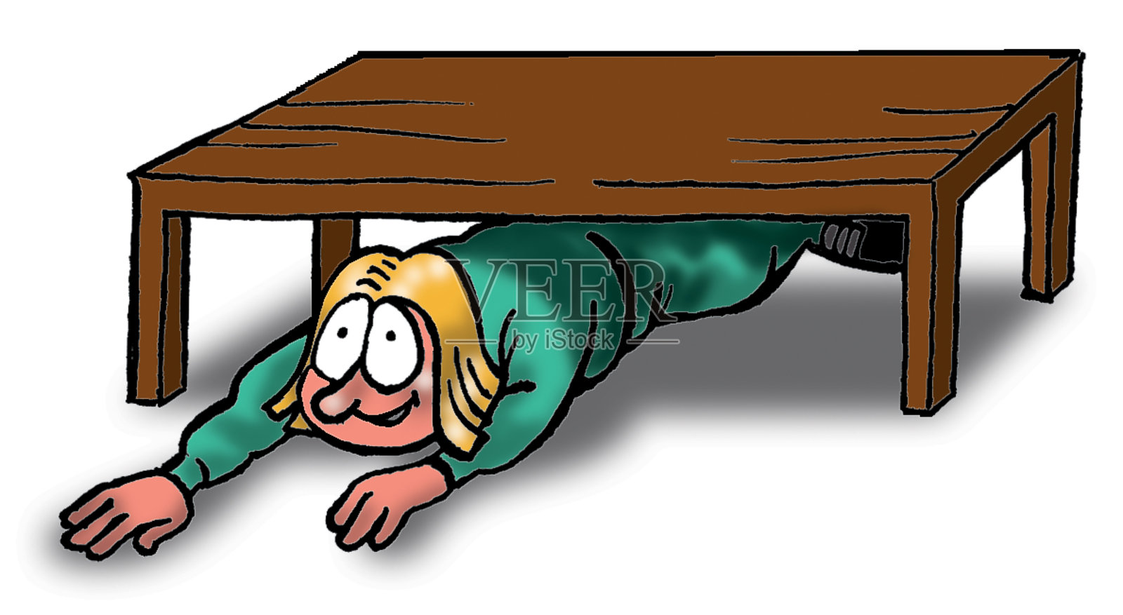 小女孩在桌子底下插画图片素材