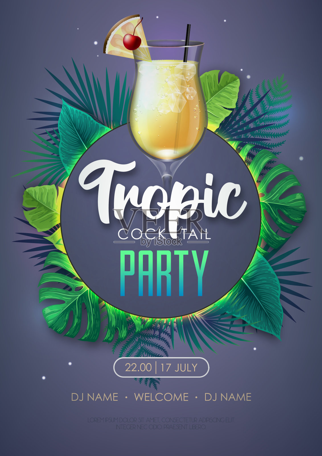 夏季热带鸡尾酒会海报,热带树叶。自然的概念。夏天的背景。矢量图插画图片素材