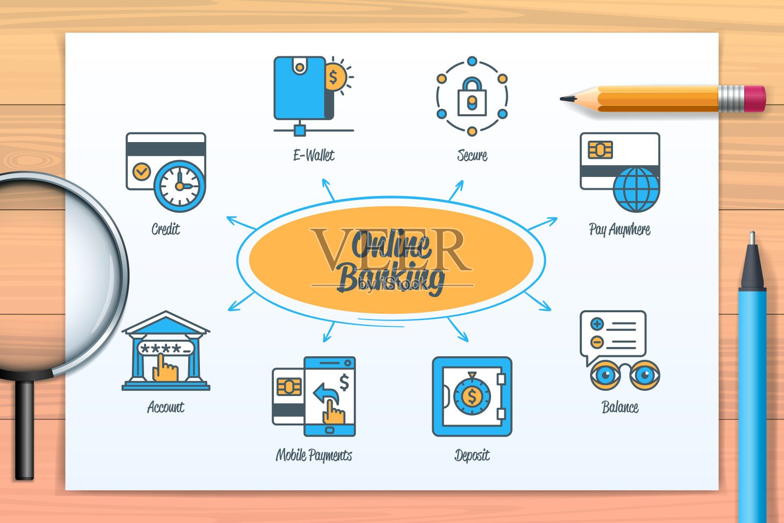 网上银行图表与图标和关键字插画图片素材