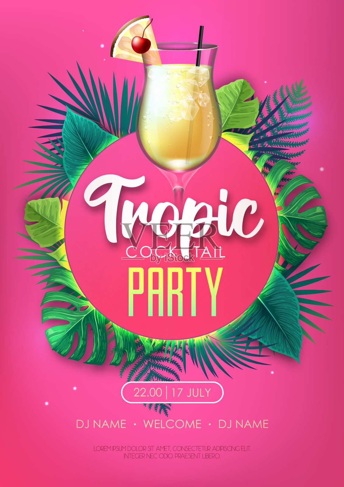 夏季热带鸡尾酒会海报,热带树叶。自然的概念。夏天的背景。矢量图插画图片素材