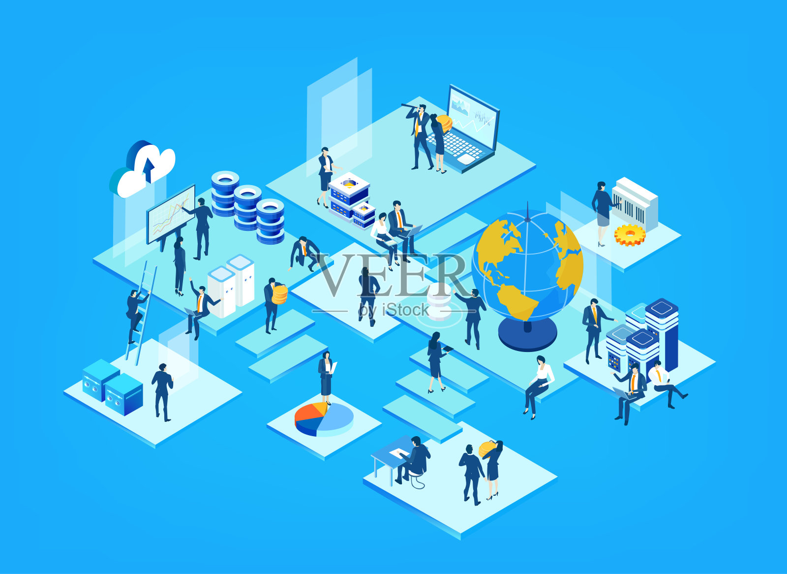 等距3D业务概念环境,业务人员在全球各地的服务器机房工作。技术、大数据、国际、全球商业、计算、编写应用概念插画图片素材