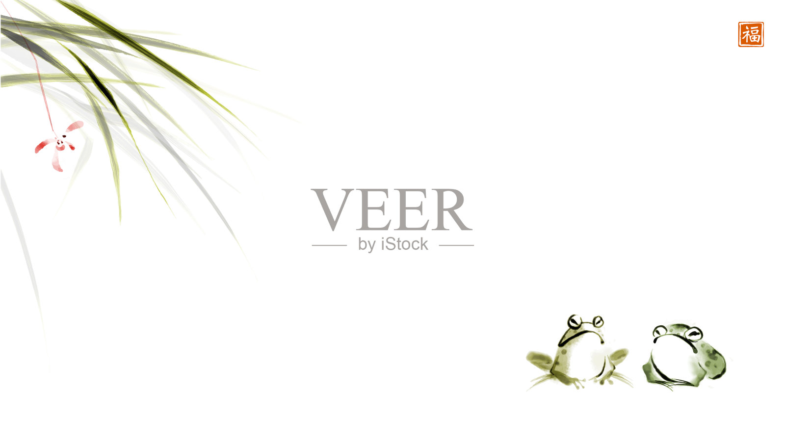 两只青蛙在草丛里。传统的东方水墨画,眉娥,宇仙,郭华。象形文字-福祉的翻译插画图片素材