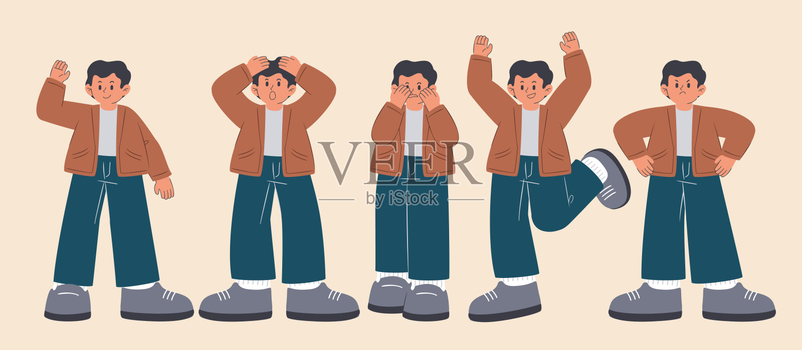 设定了年轻人在不同的表演和情感卡通人物插画图片素材