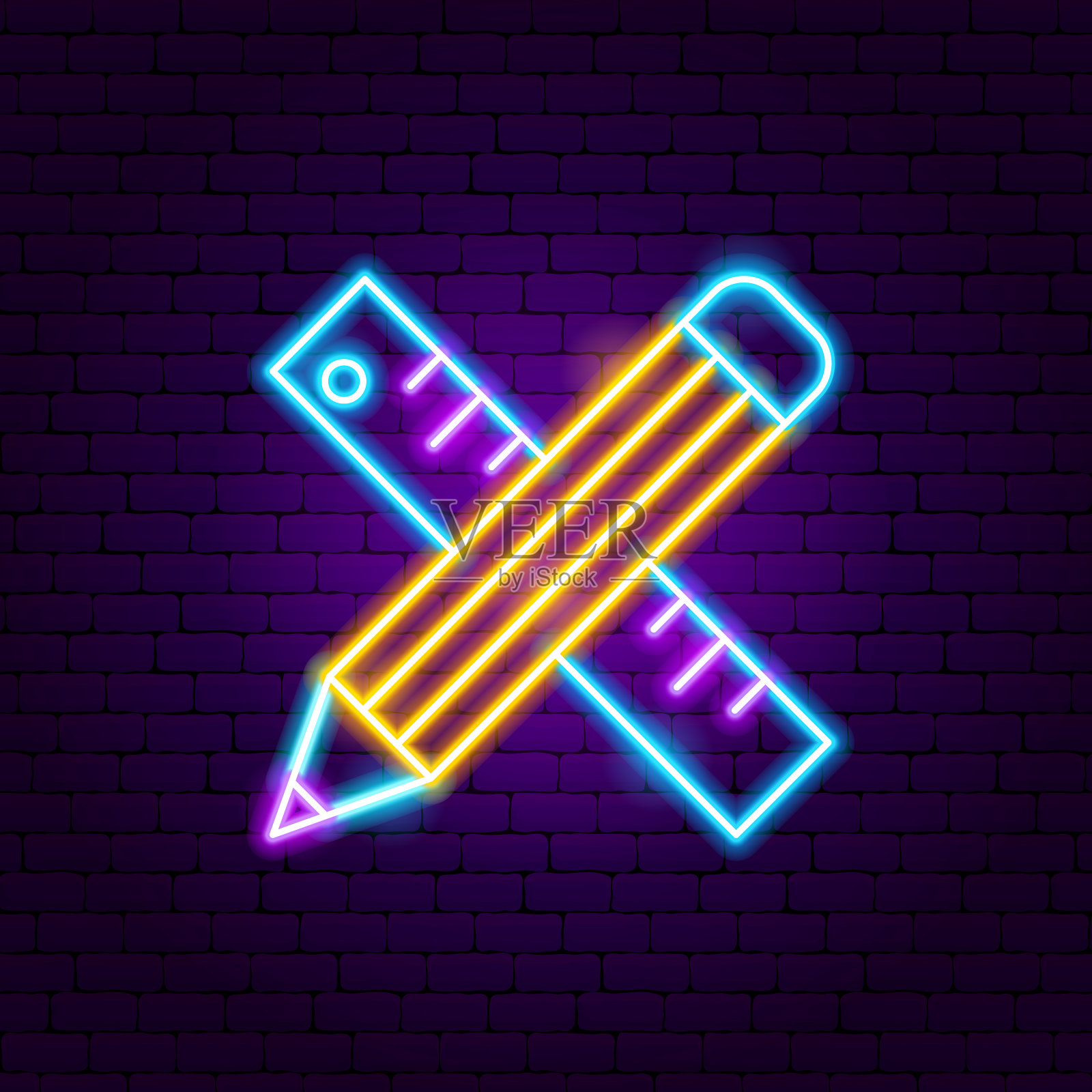 铅笔尺子霓虹灯插画图片素材