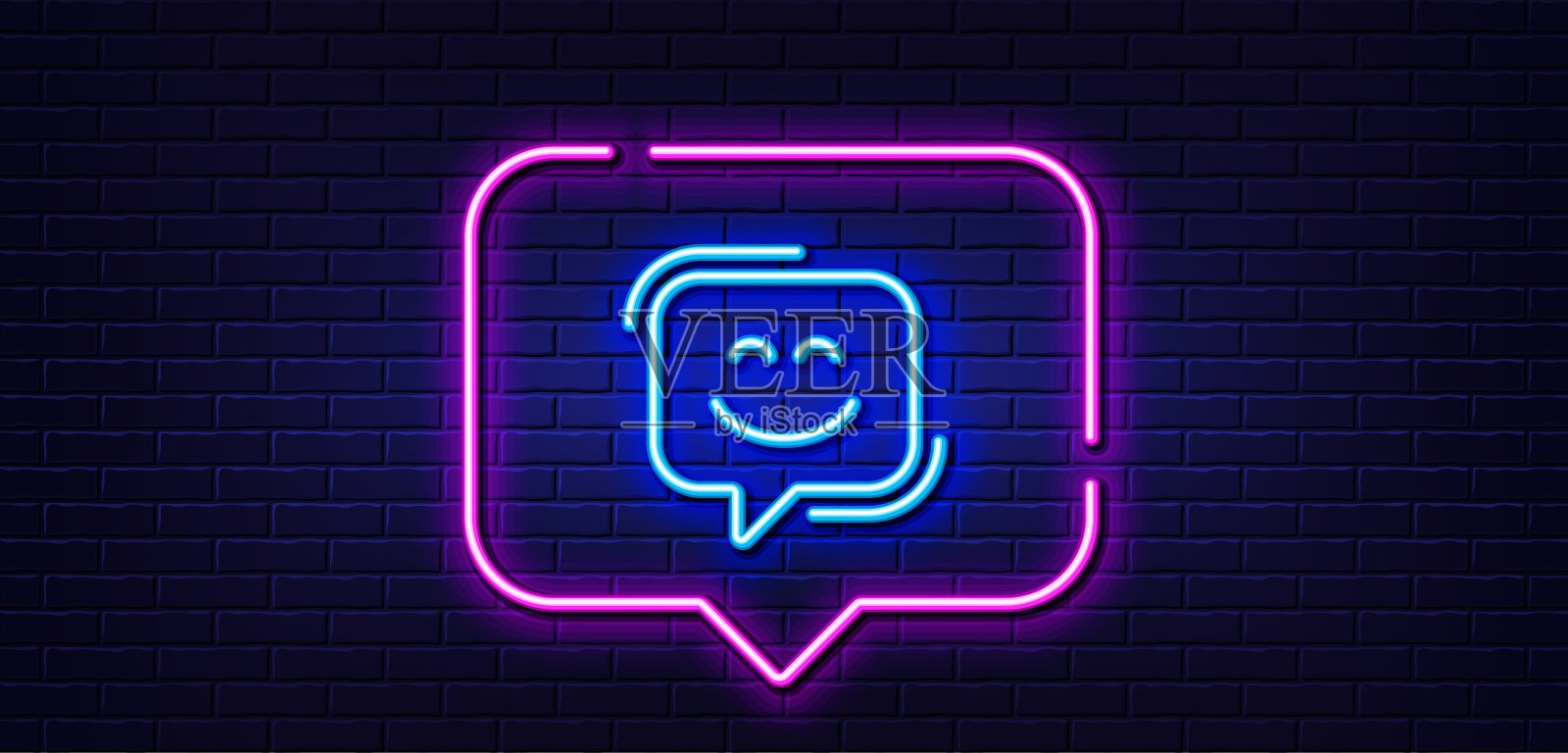 笑脸线图标。快乐的表情符号聊天标志。演讲泡沫。霓虹灯说话泡泡。向量图标素材