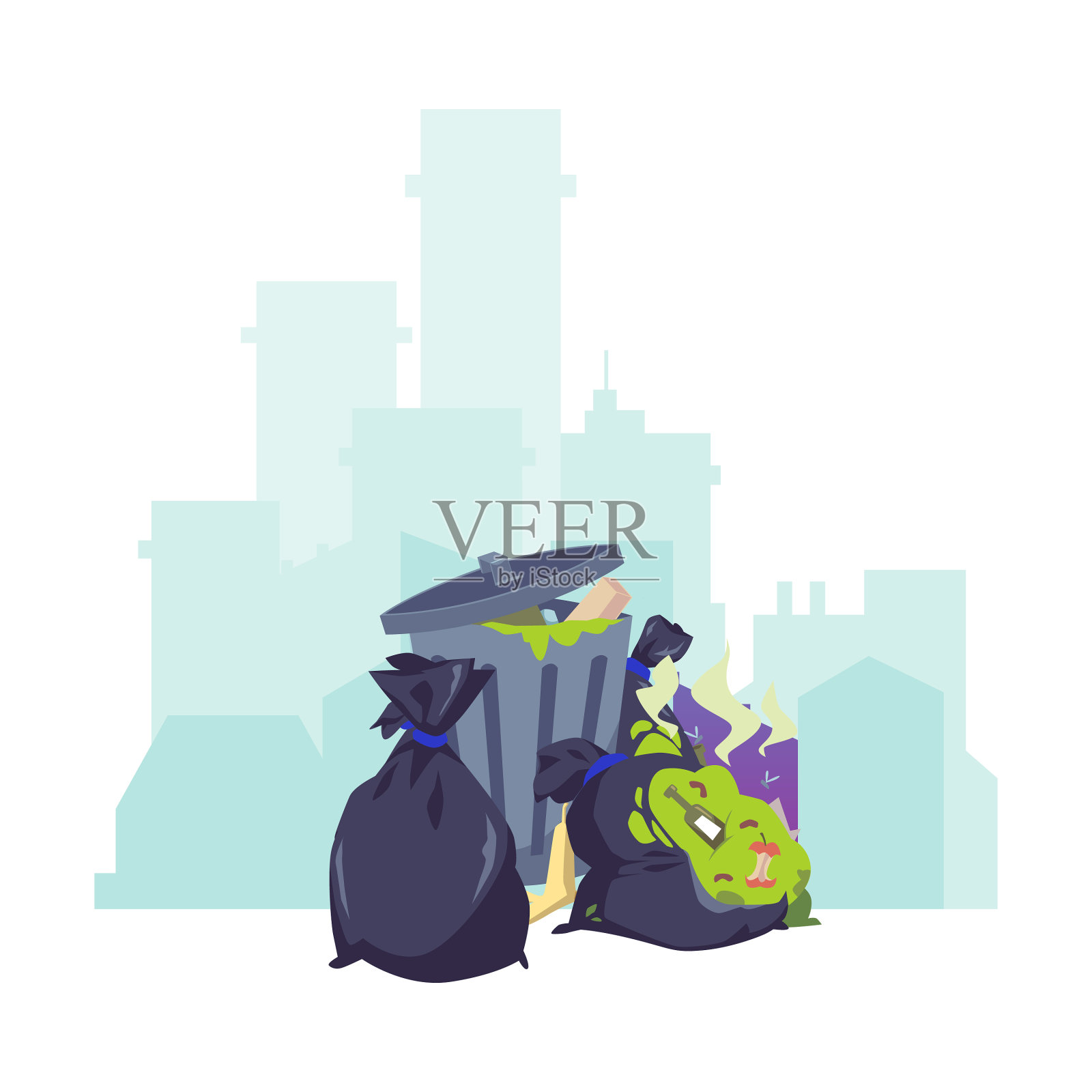 城市剪影垃圾袋和垃圾桶设计元素图片