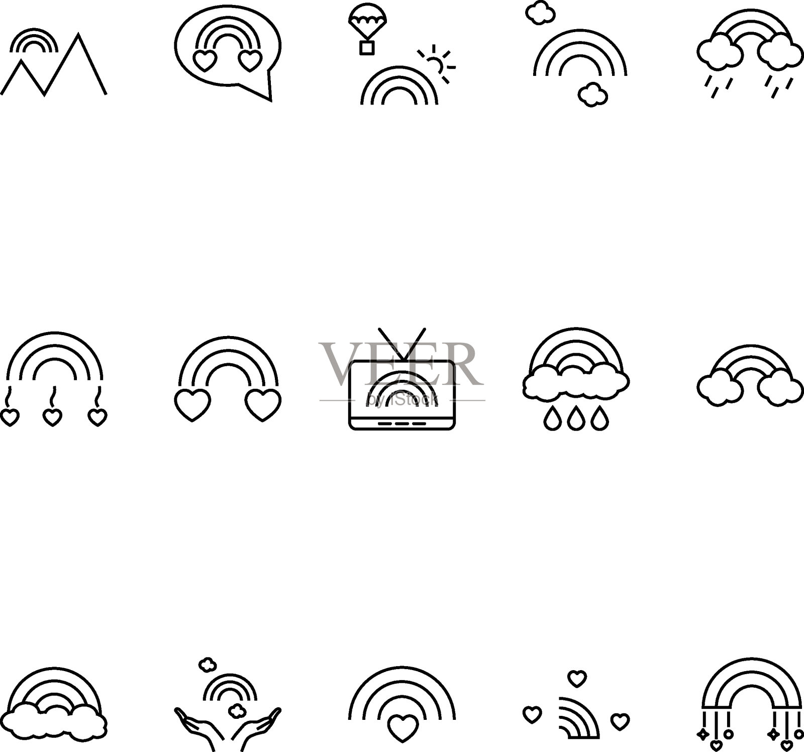 矢量符号在现代平面风格。适合网页、网上商店、专卖店、广告、招牌。线路图标设置与图标的山,气球,雨,云等旁边的彩虹图标素材