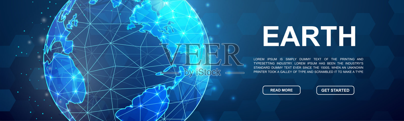 地球3d低多边形符号头部推广旗帜。行星设计模板插图概念。水平多边形世界地图海报插图插画图片素材