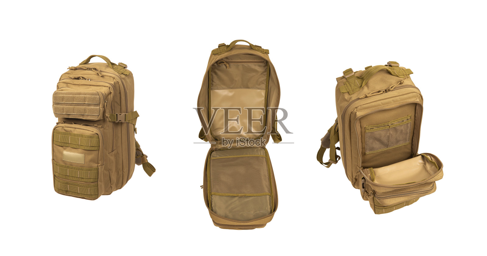 现代战术双肩包拉链和额外的口袋。大安全包。在白色背景上隔离。照片摄影图片