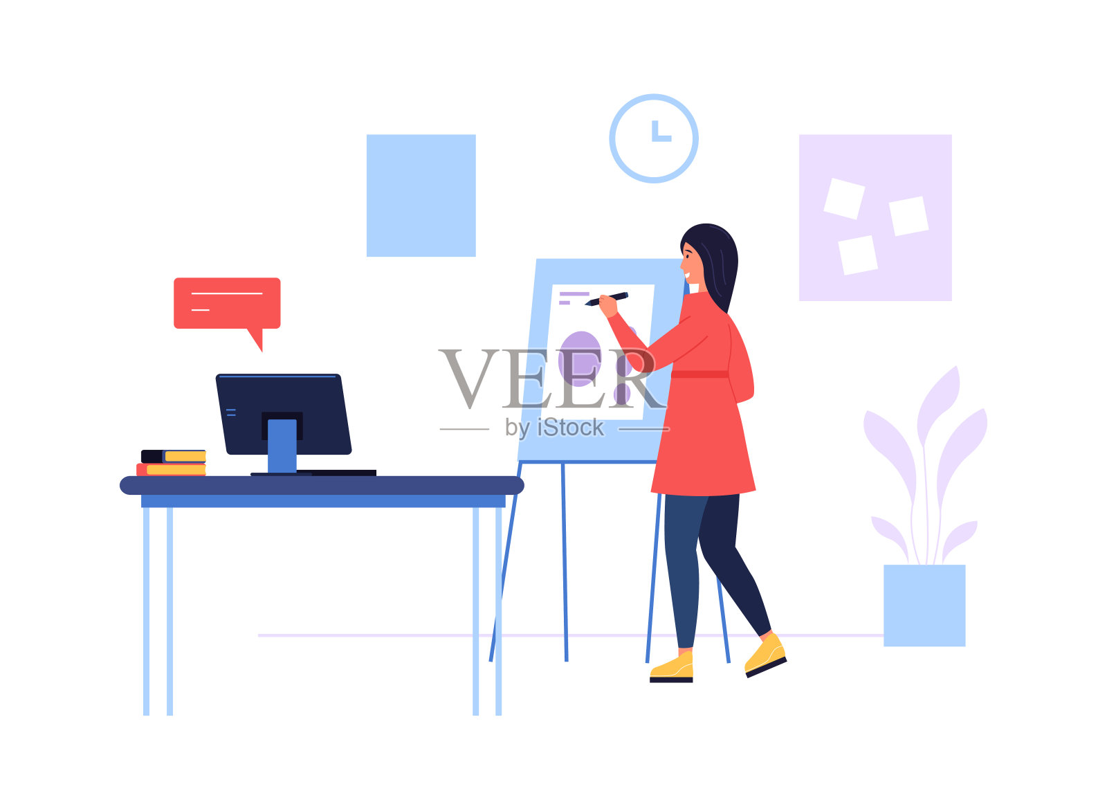 在线课程。女人在网上讲课,在黑板上写字。女性品格教育人设计模板素材