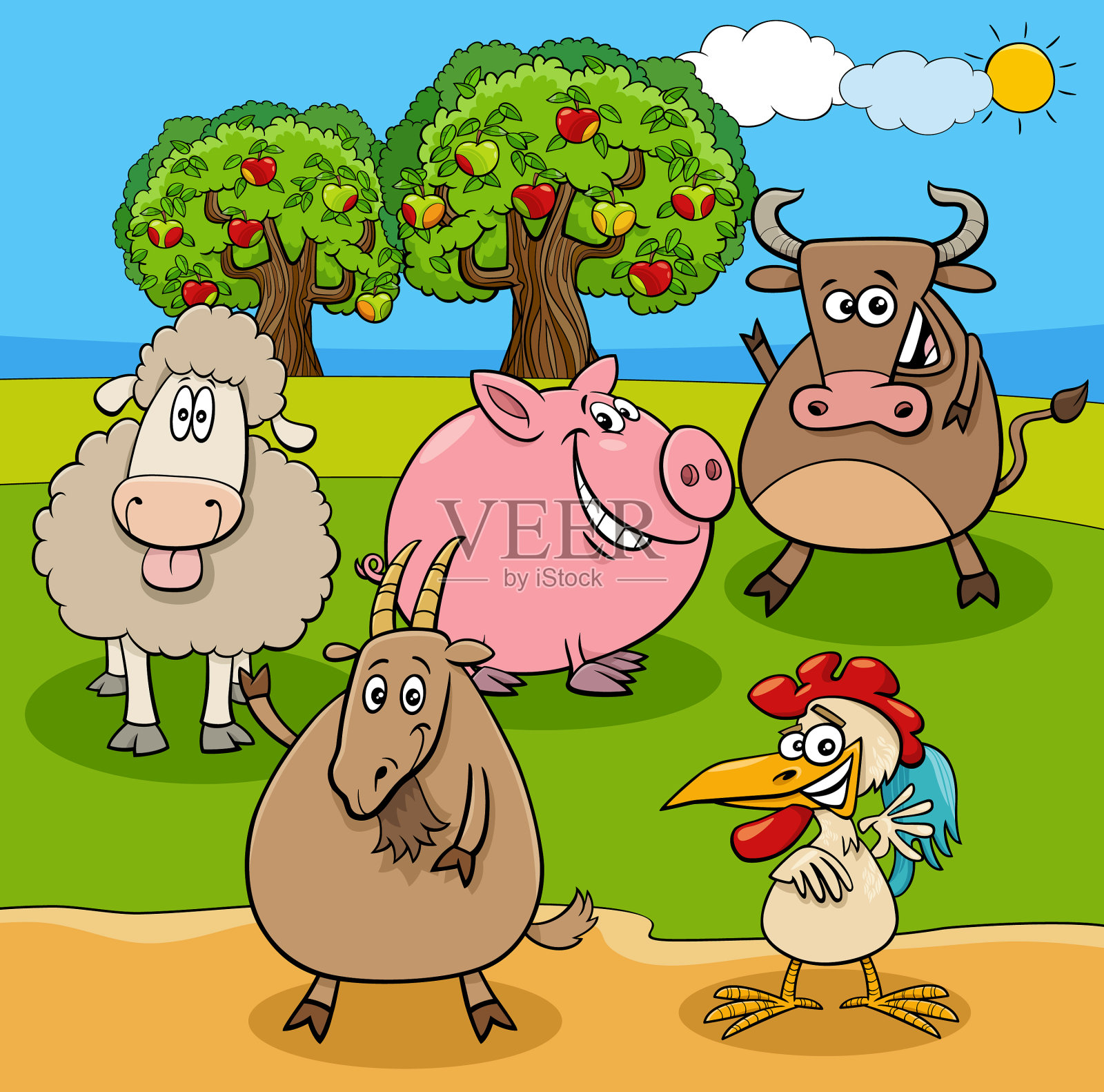 卡通农场的动物们聚集在草地上插画图片素材
