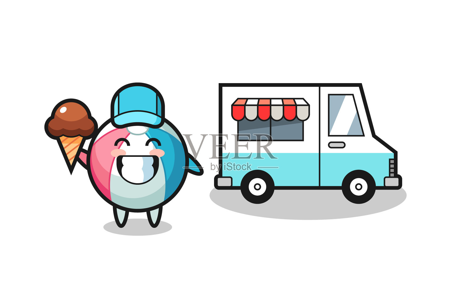 沙滩球和冰淇淋车的卡通吉祥物设计元素图片