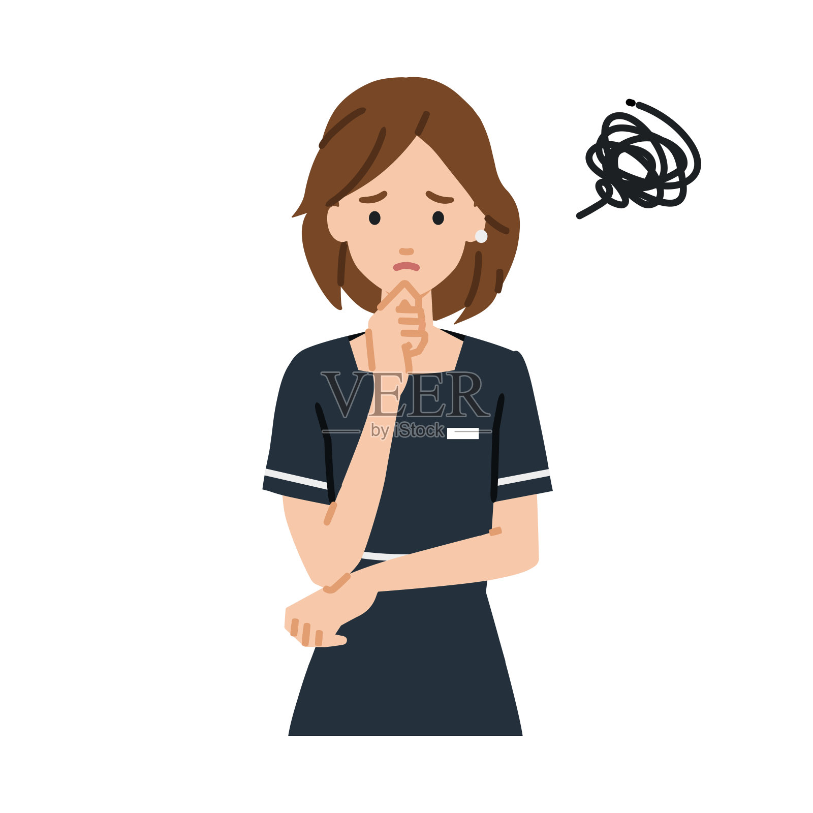 一个美容师,一个用手指托着下巴站不起来的接待员插画图片素材