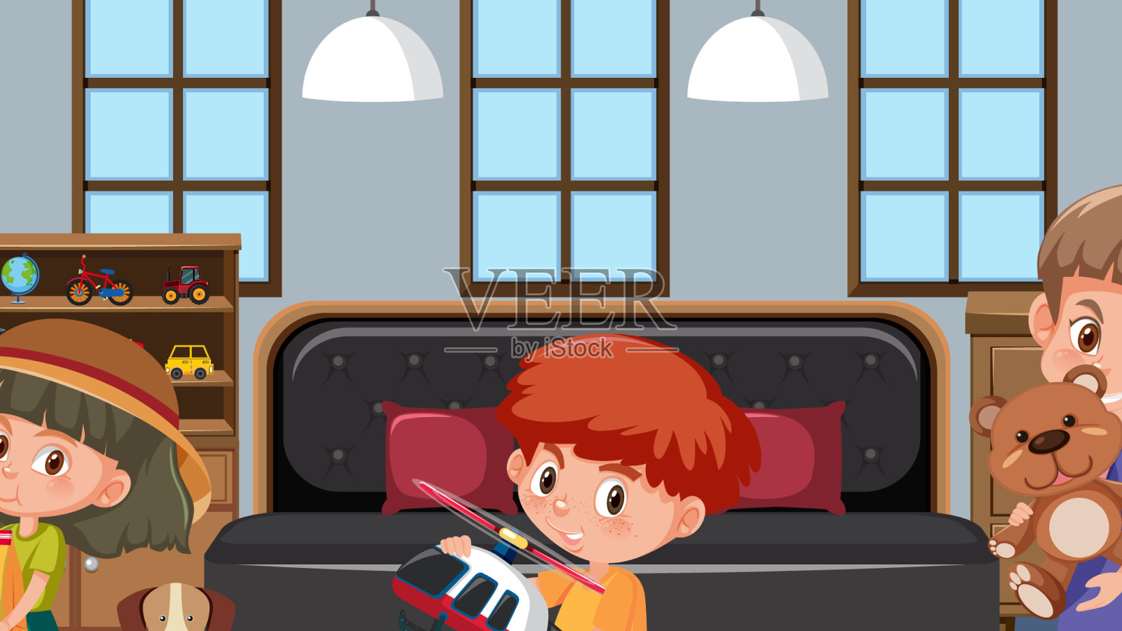 卧室场景与儿童卡通人物插画图片素材