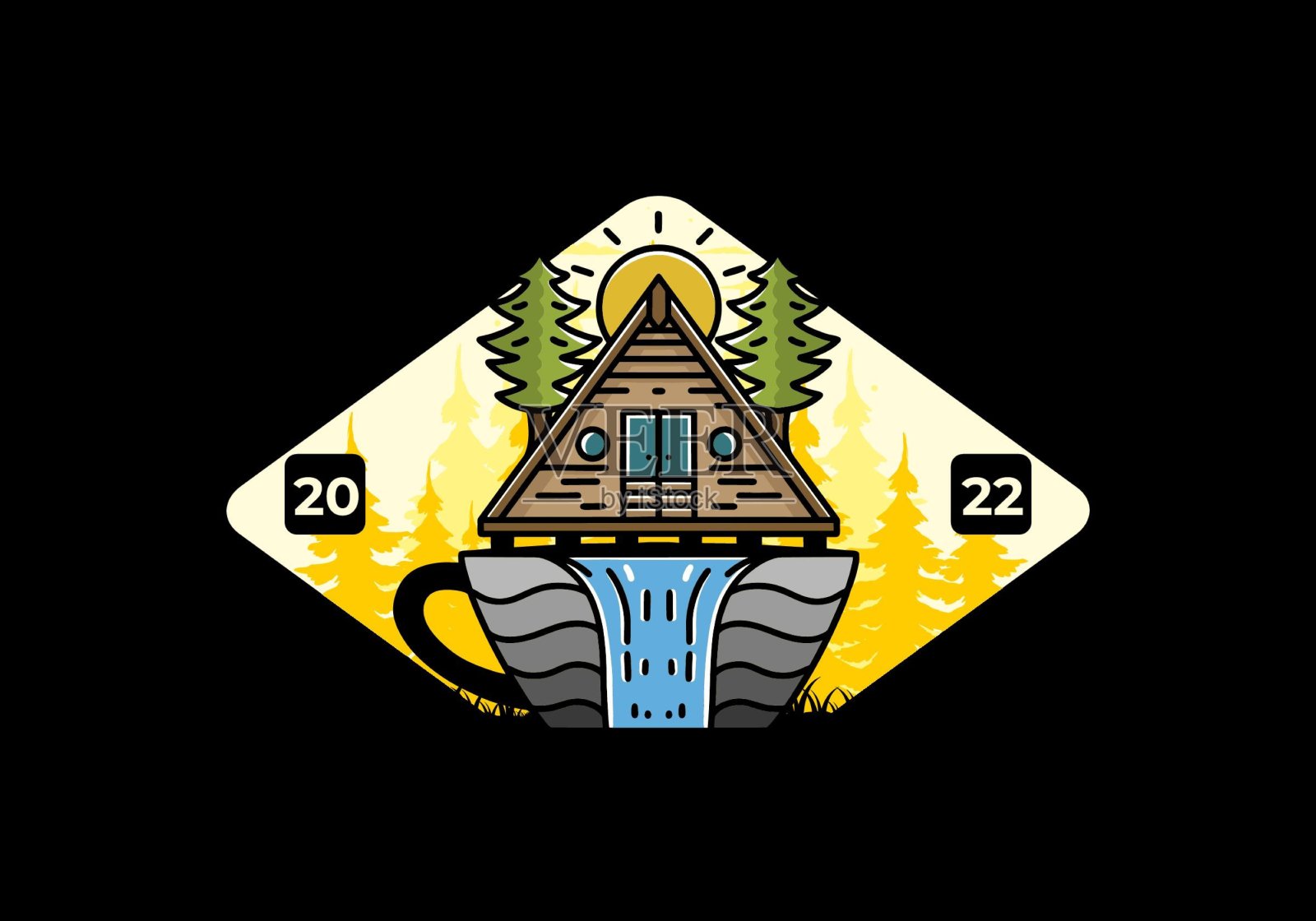 木屋和松树在咖啡杯形状与瀑布插图插画图片素材