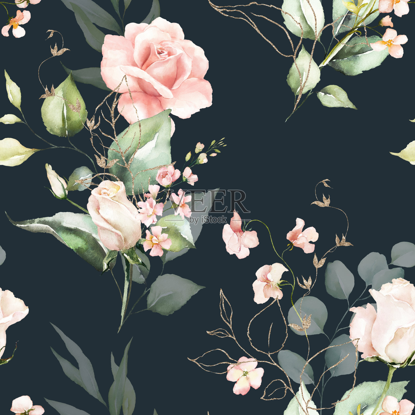 无缝水彩花卉图案-粉红色的花朵,金色的元素,绿色的叶子和树枝在黑暗的背景插画图片素材