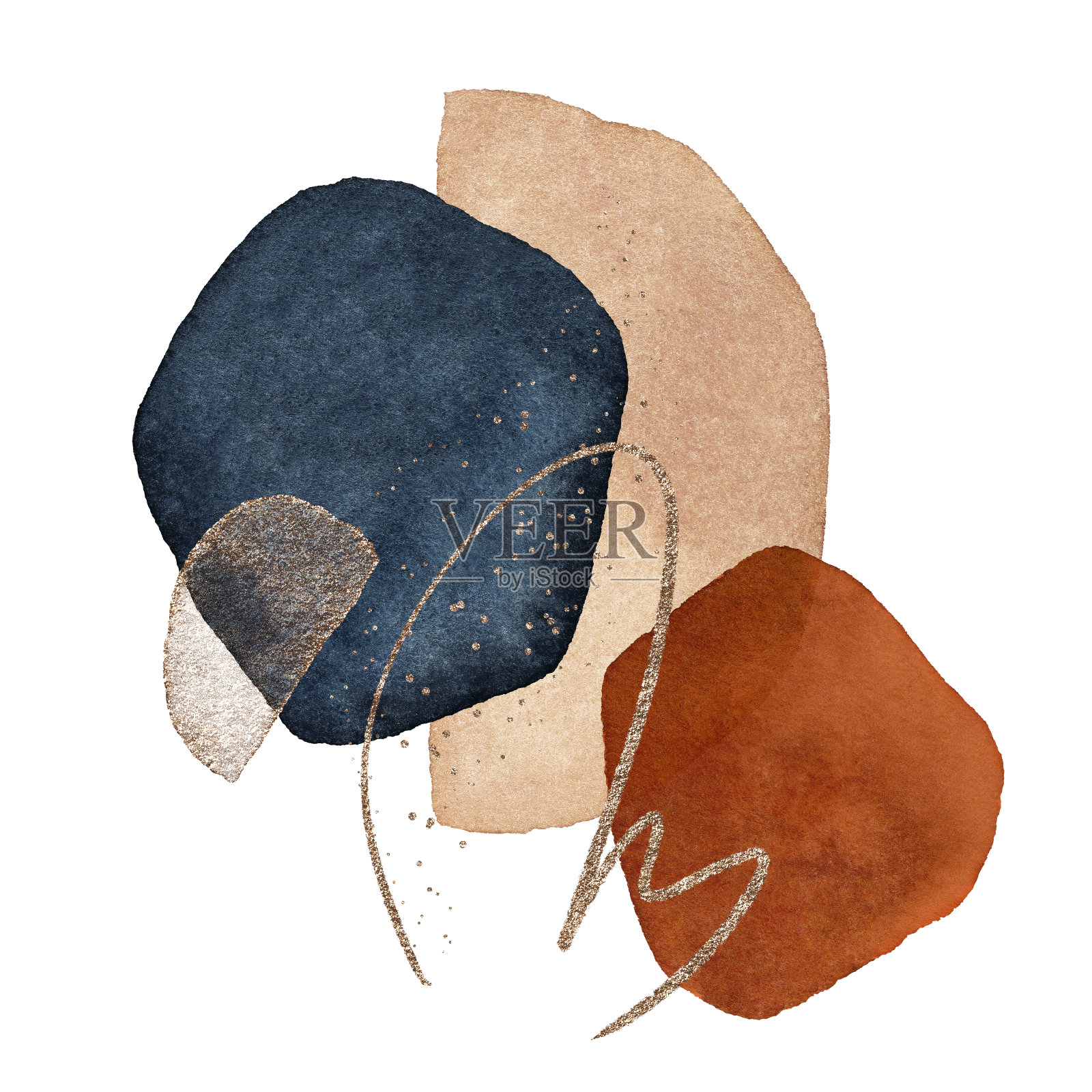 抽象的数字印刷。组成。安排。剪辑艺术。陶土,海军蓝,橙色,腮红,粉红色,象牙色,米色水彩插图和金色元素,在白色背景。插画图片素材