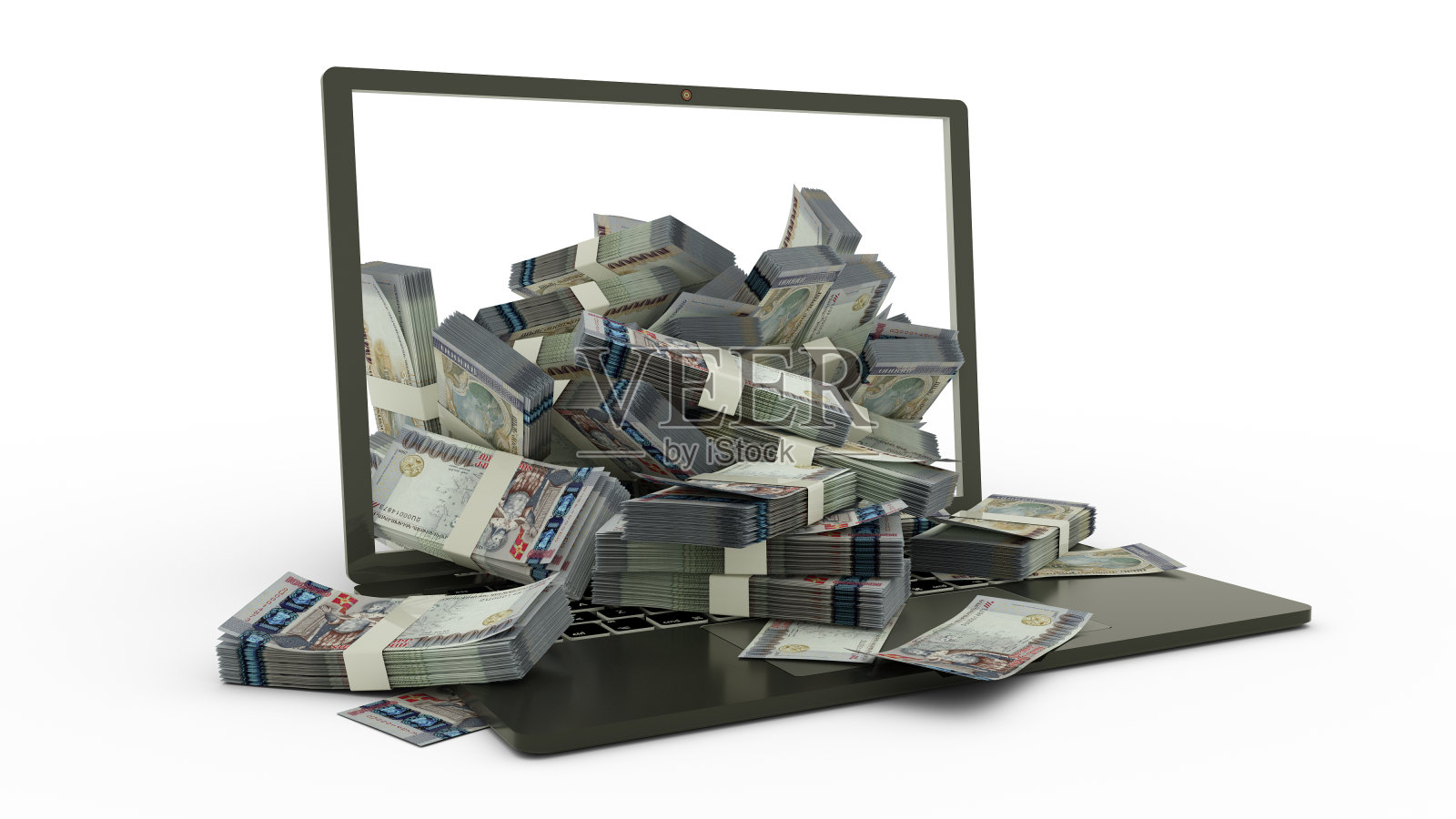 3D渲染100000亚美尼亚dram笔记出来的笔记本电脑显示器上孤立的白色背景。笔记本电脑里有成堆的亚美尼亚dram笔记。电脑的钱,笔记本的钱照片摄影图片