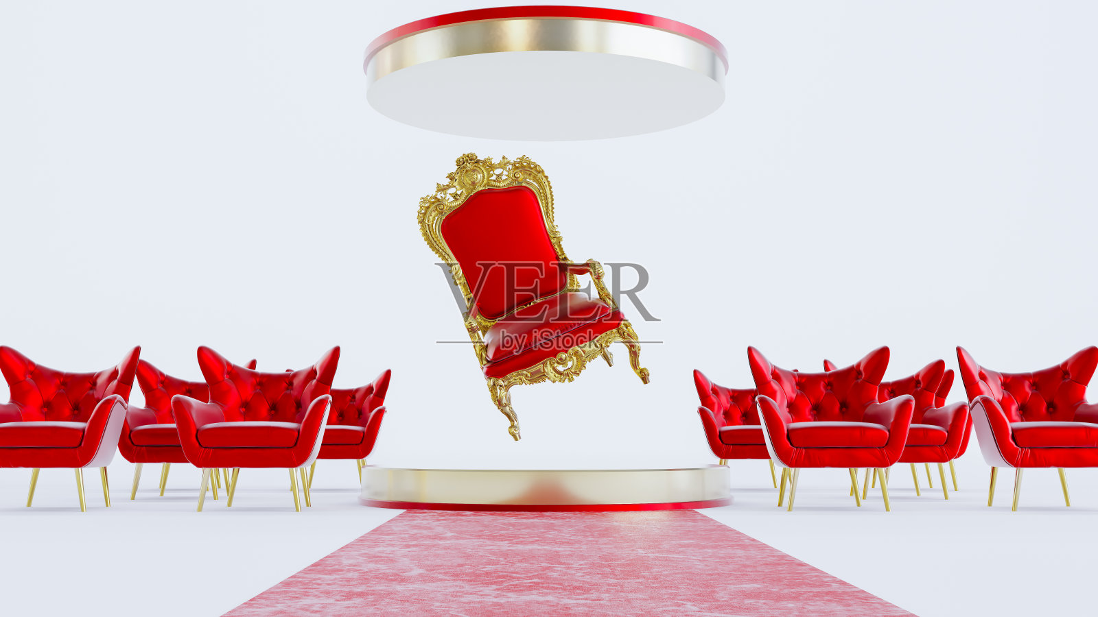 红色的王座,白色的背景,红色的扶手椅,照片摄影图片