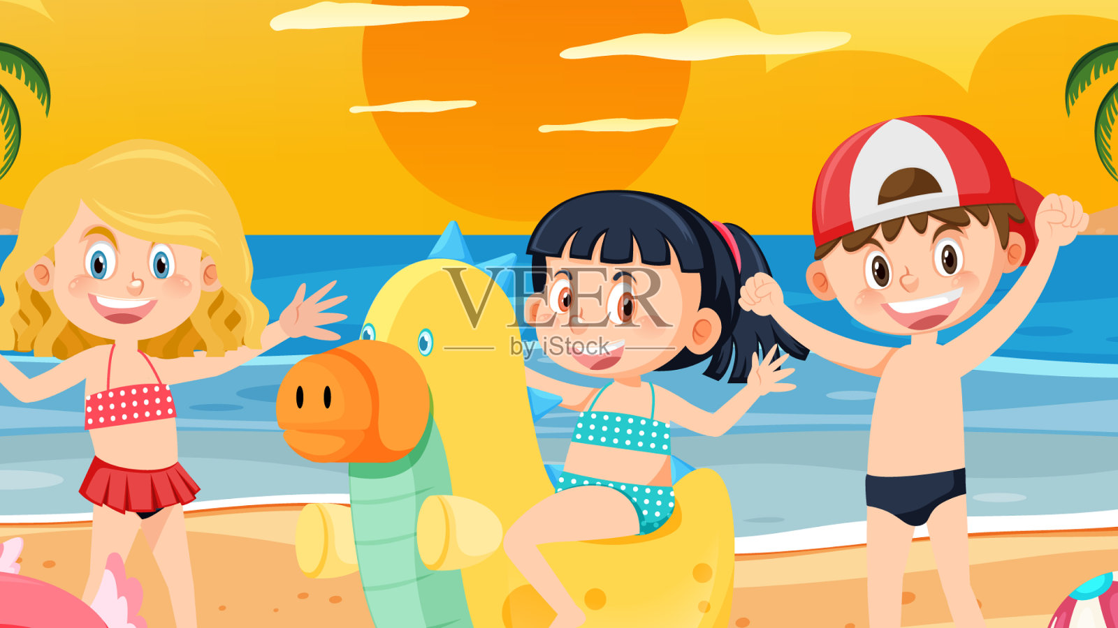 孩子们在暑假的海滩上插画图片素材