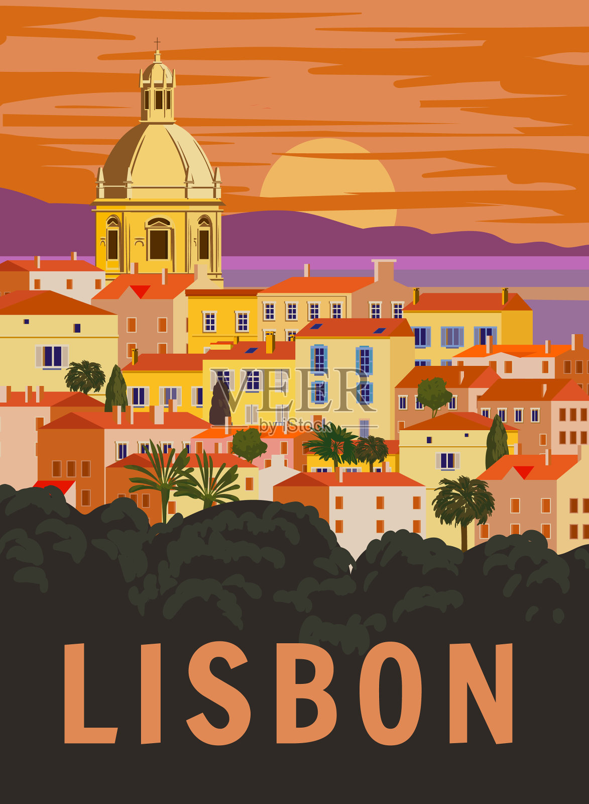 里斯本复古旅游海报葡萄牙城市景观插画图片素材
