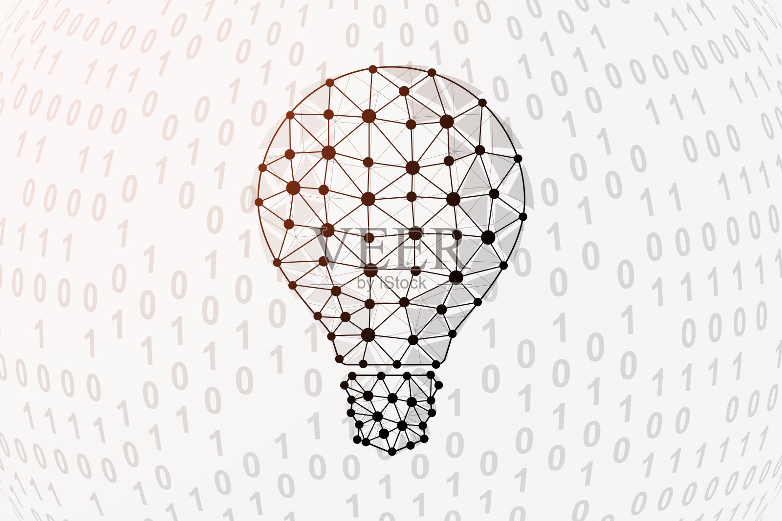 灯泡三维低多边形符号与二进制代码背景。想法设计矢量插图。创新多边形符号与连接点插画图片素材