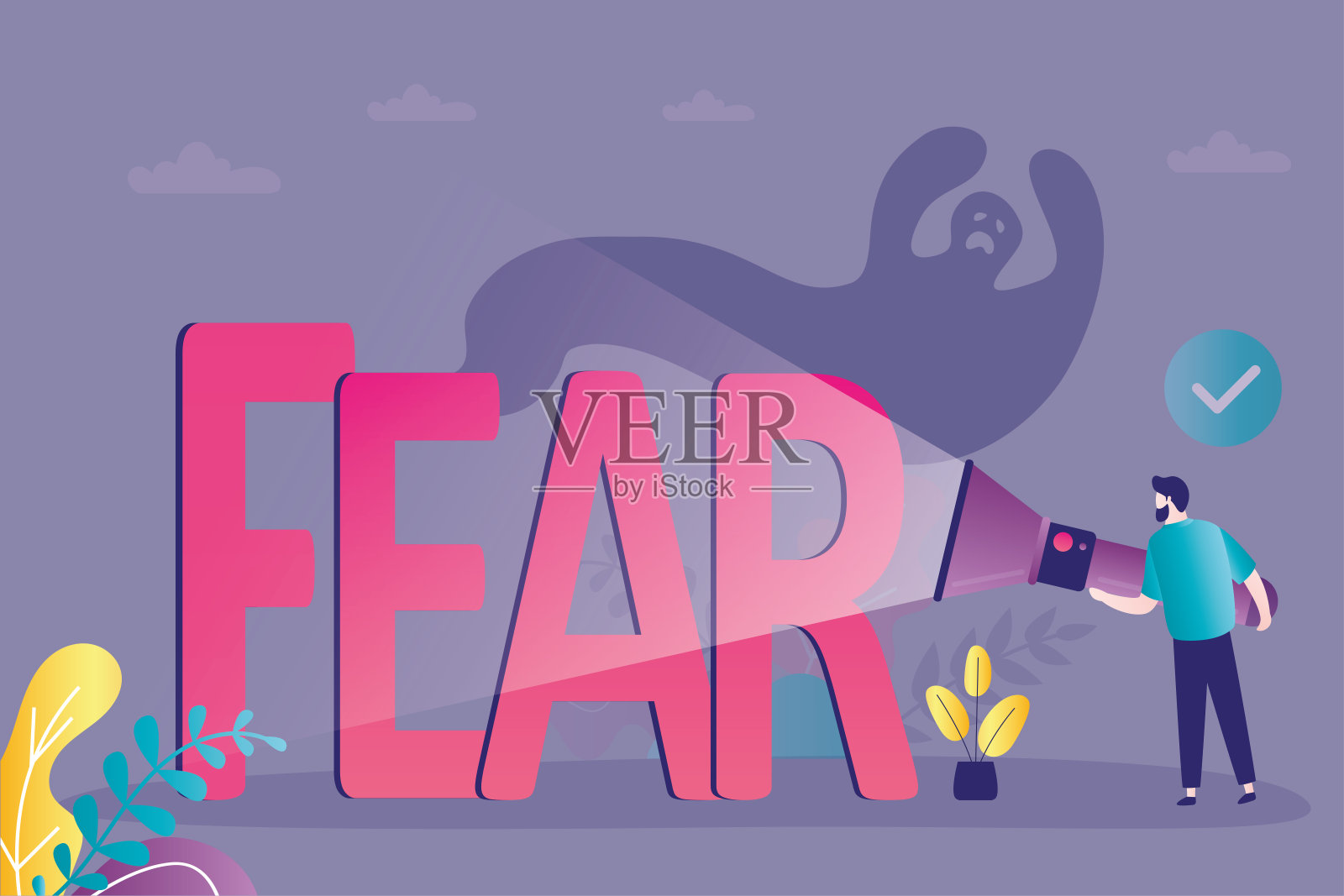 拿着手电筒的人发现隐藏的恐惧。男性角色面带恐惧。成功克服恐惧症插画图片素材