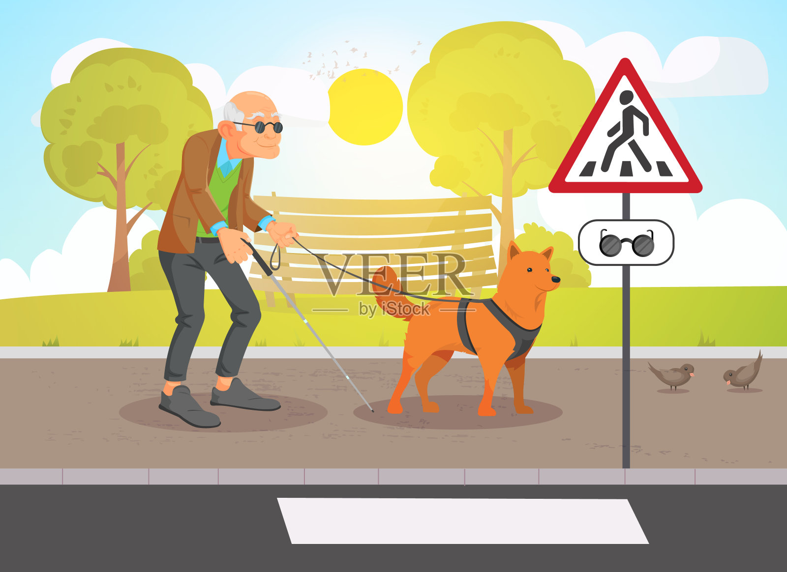 失明老人和导盲犬在街上行走插画图片素材