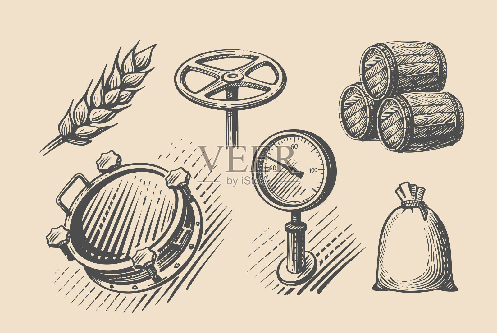 啤酒酿造草图罐手绘版画插画图片素材