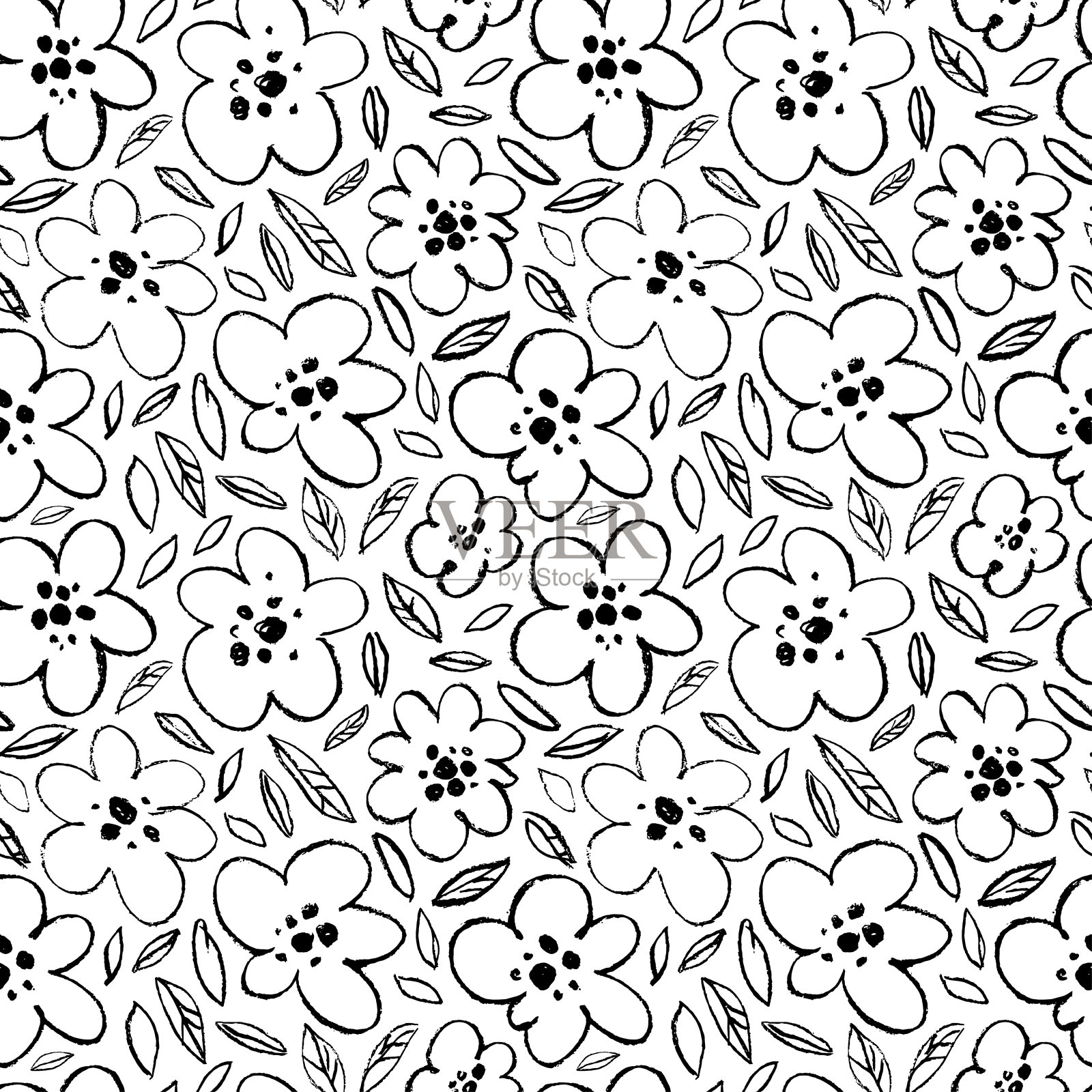 无缝向量花卉图案与简单的轮廓花。插画图片素材