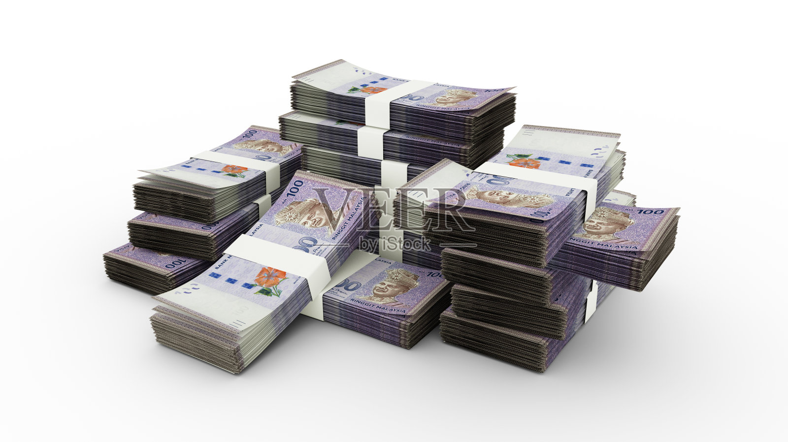 一叠100马来西亚林吉特。捆绑式钞票的3D渲染照片摄影图片