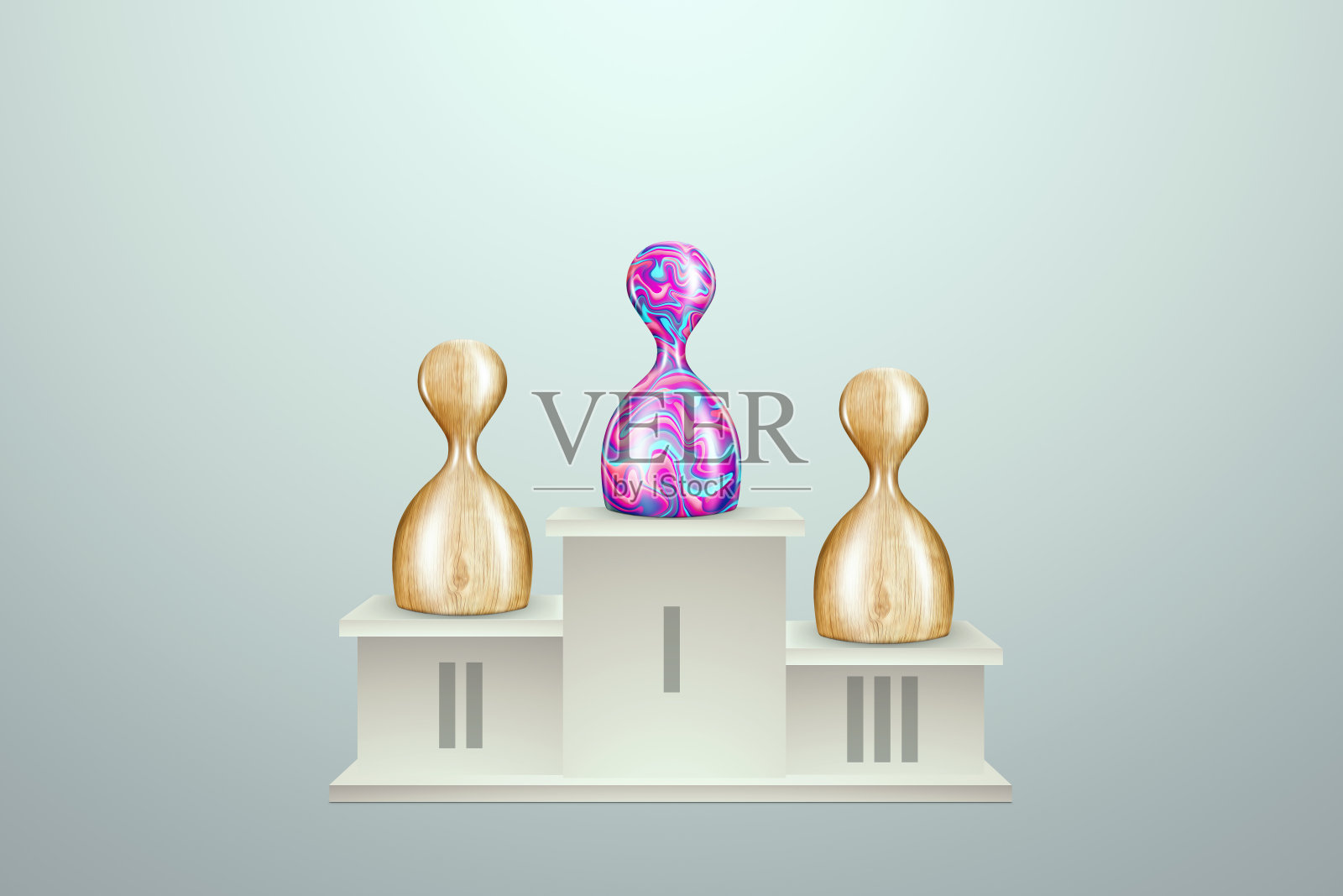 独特的是,多色的卒站在木架上。竞争优势,从人群中脱颖而出,跳出思维定势,成为领导者。3D渲染,3D渲染。照片摄影图片