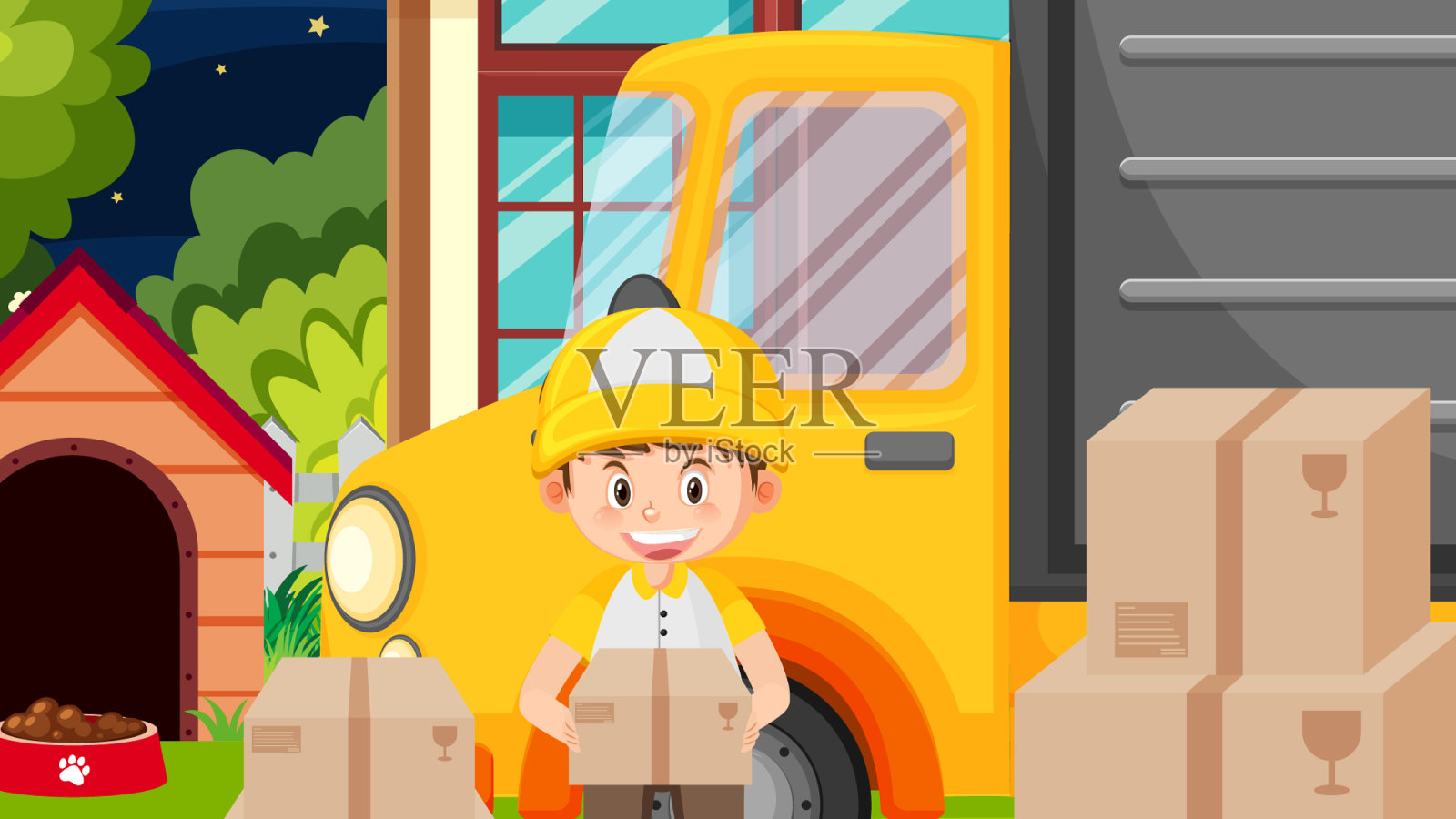 快递员拿着包裹箱插画图片素材