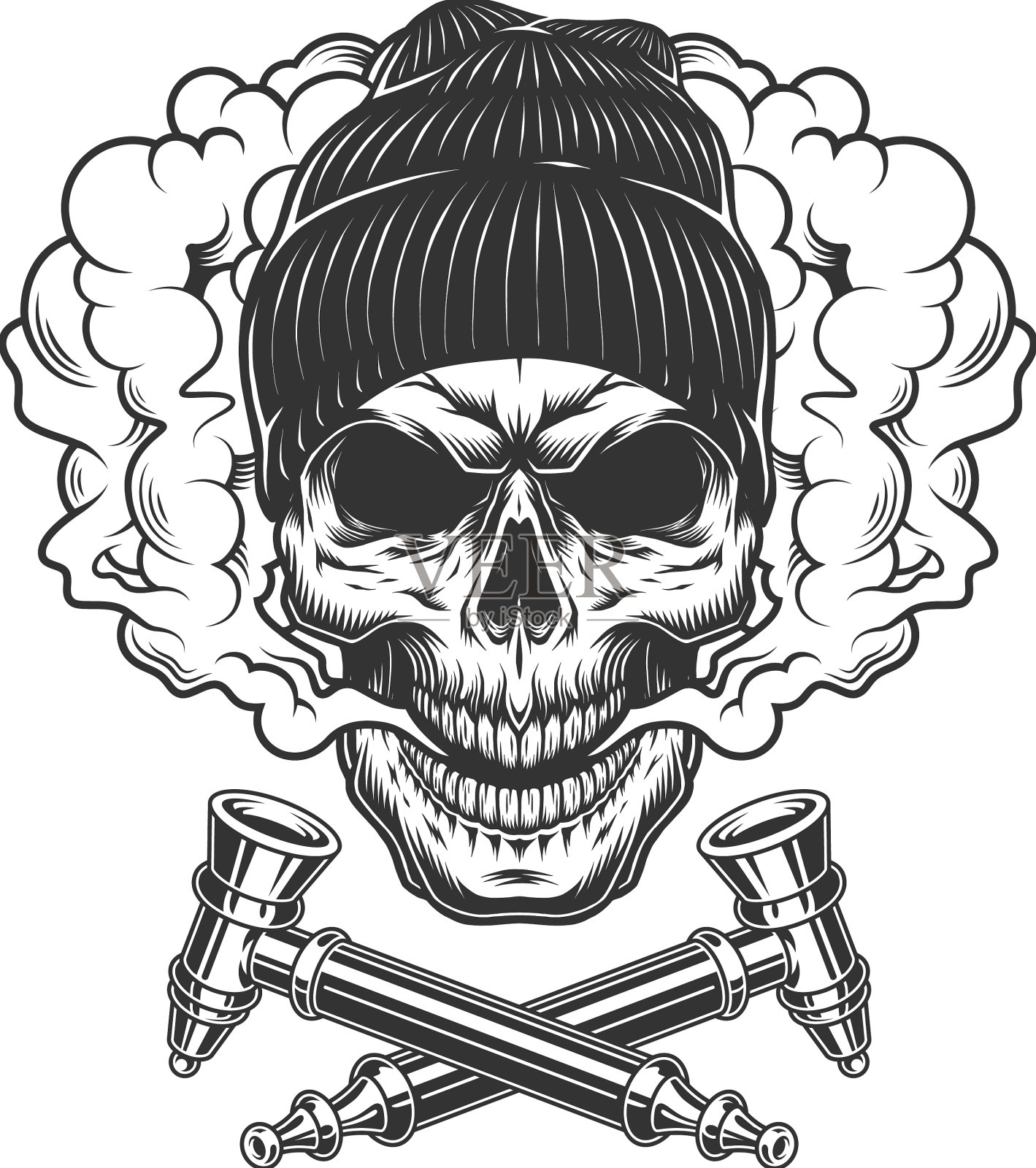 戴着无檐便帽的潮人头骨设计元素图片