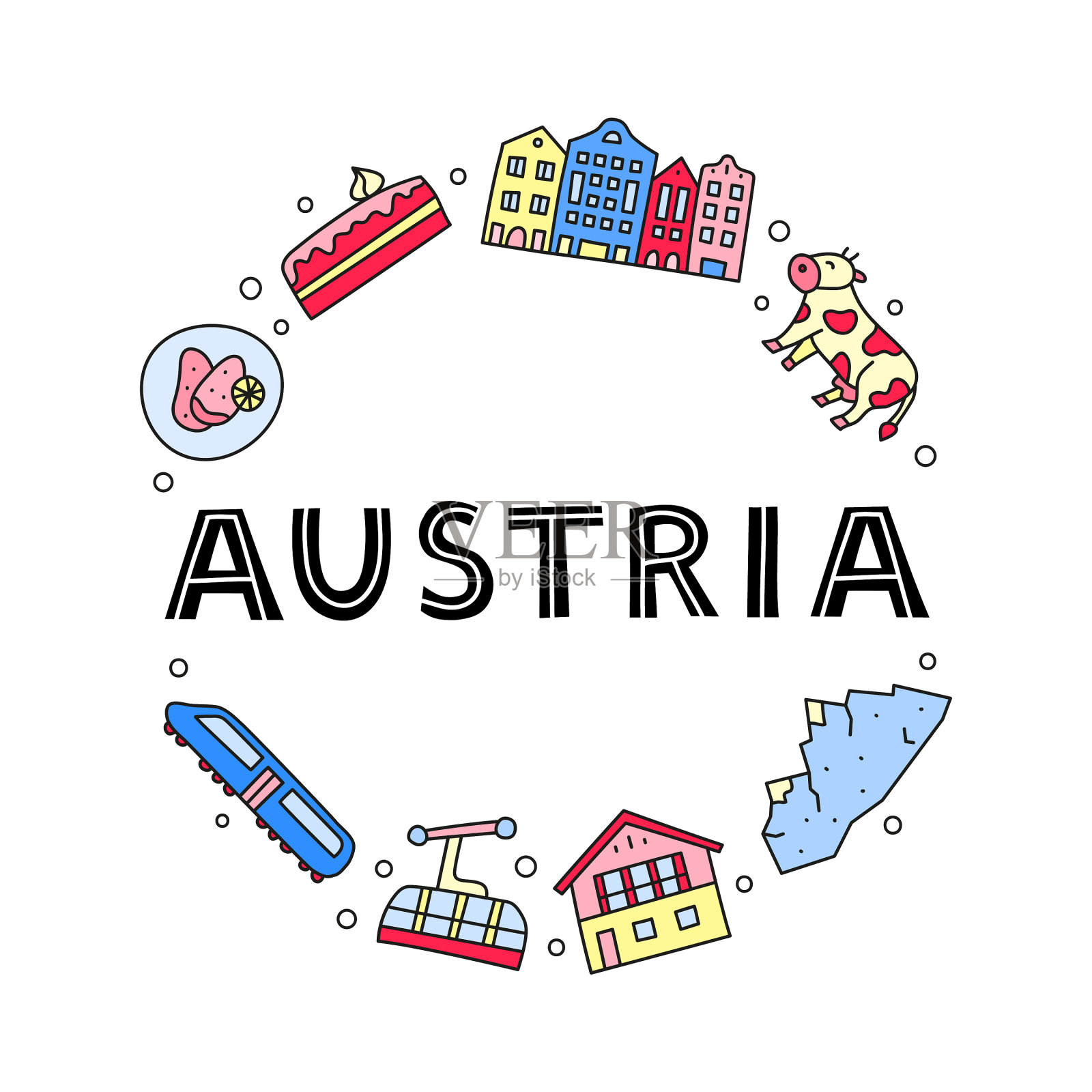 在圆圈中涂鸦彩色奥地利图标插画图片素材