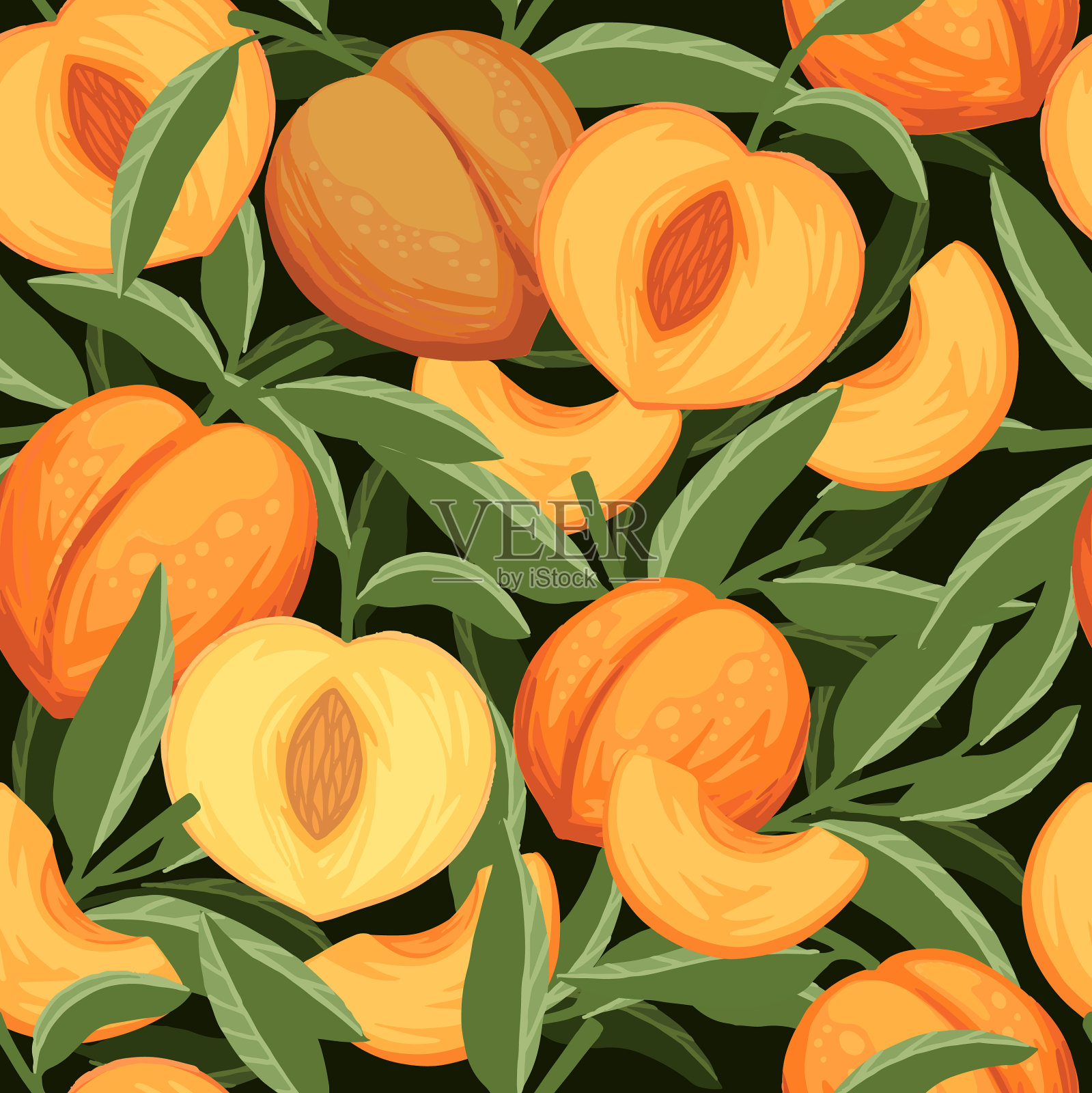 无缝图案的桃子整体和切片用插画图片素材