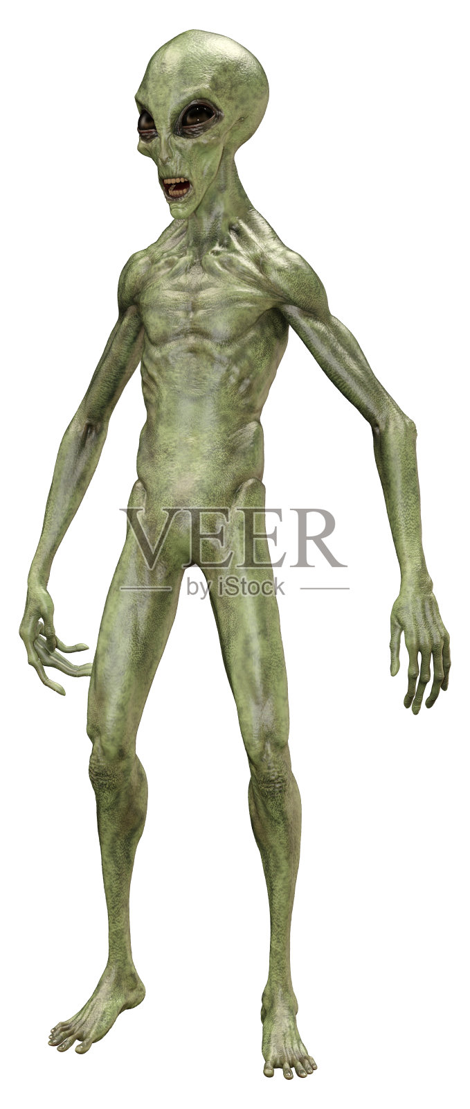3D渲染绿色外星人在白色照片摄影图片