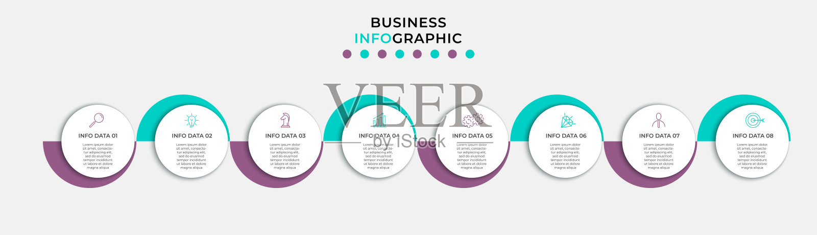 矢量信息图设计业务模板与图标和8个选项或步骤。可用于流程图、演示文稿、工作流布局、横幅、流程图、信息图插画图片素材