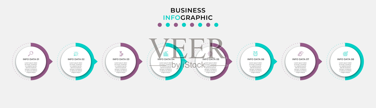 矢量信息图设计业务模板与图标和8个选项或步骤。可用于流程图、演示文稿、工作流布局、横幅、流程图、信息图插画图片素材