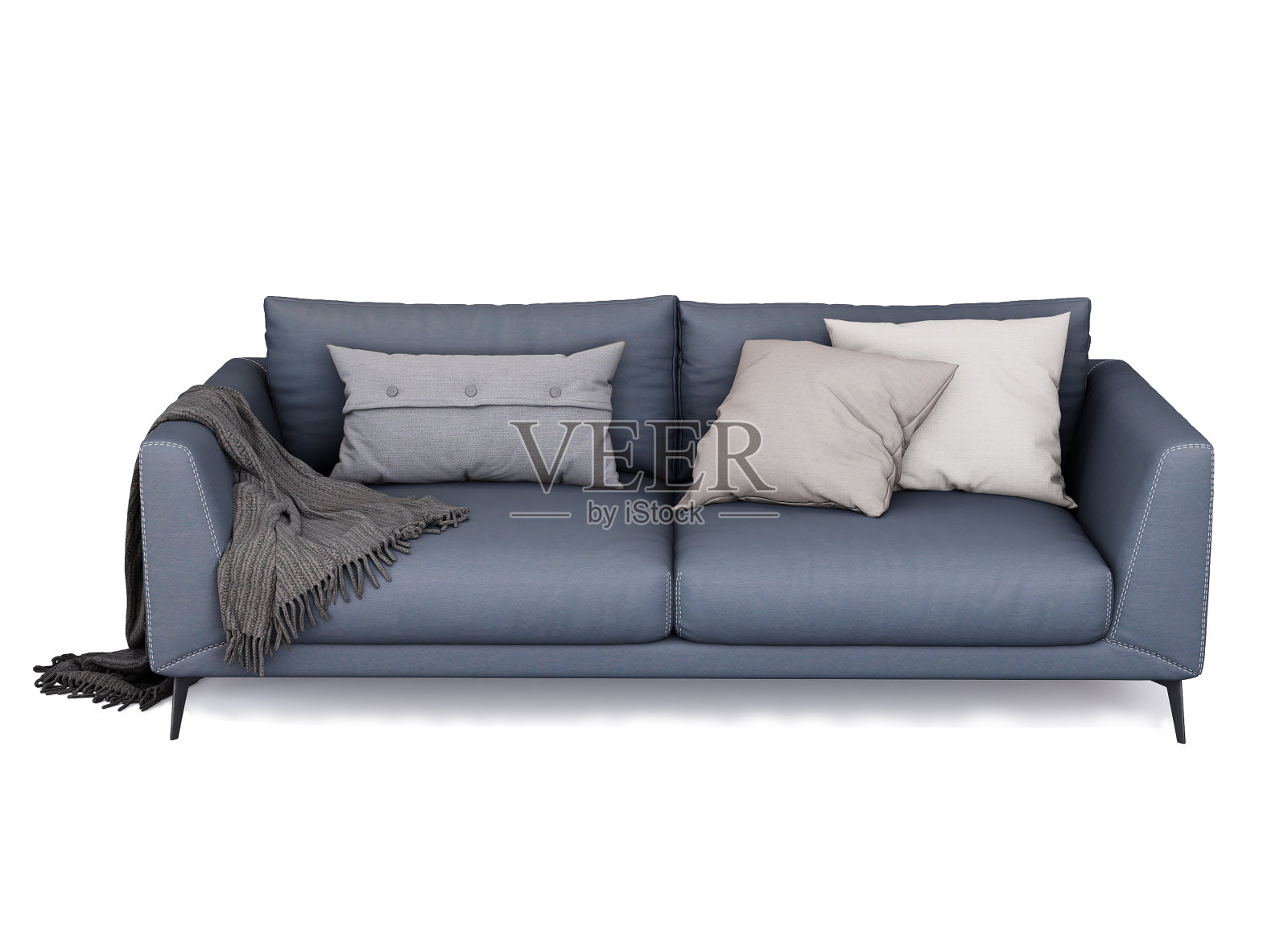 3d家具现代蓝色真皮双沙发孤立在白色背景,家居装饰设计照片摄影图片