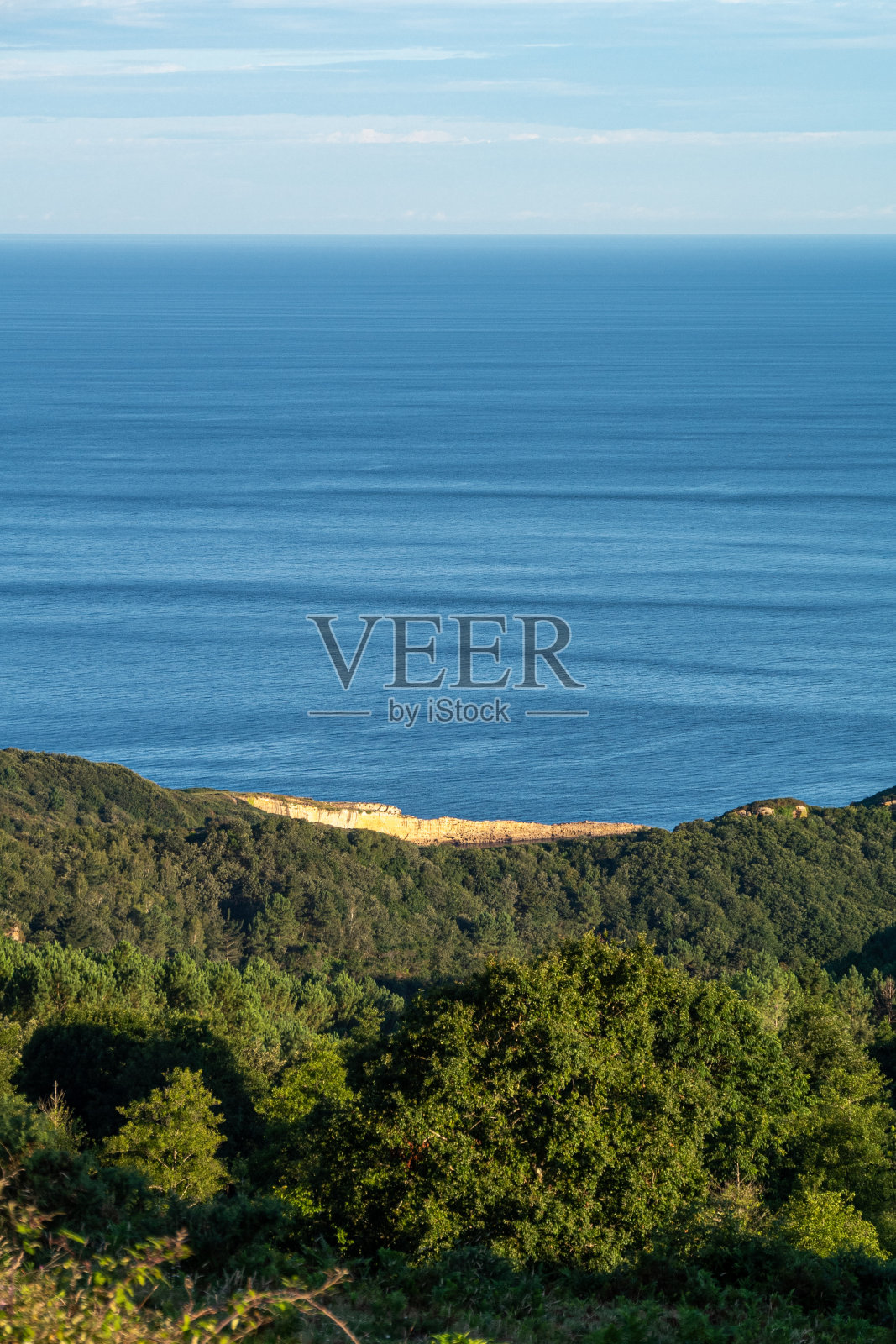 海岸线上的蓝天、大海和绿树的美丽垂直视图。伊伦,巴斯克地区,西班牙。卡米诺·德·圣地亚哥照片摄影图片