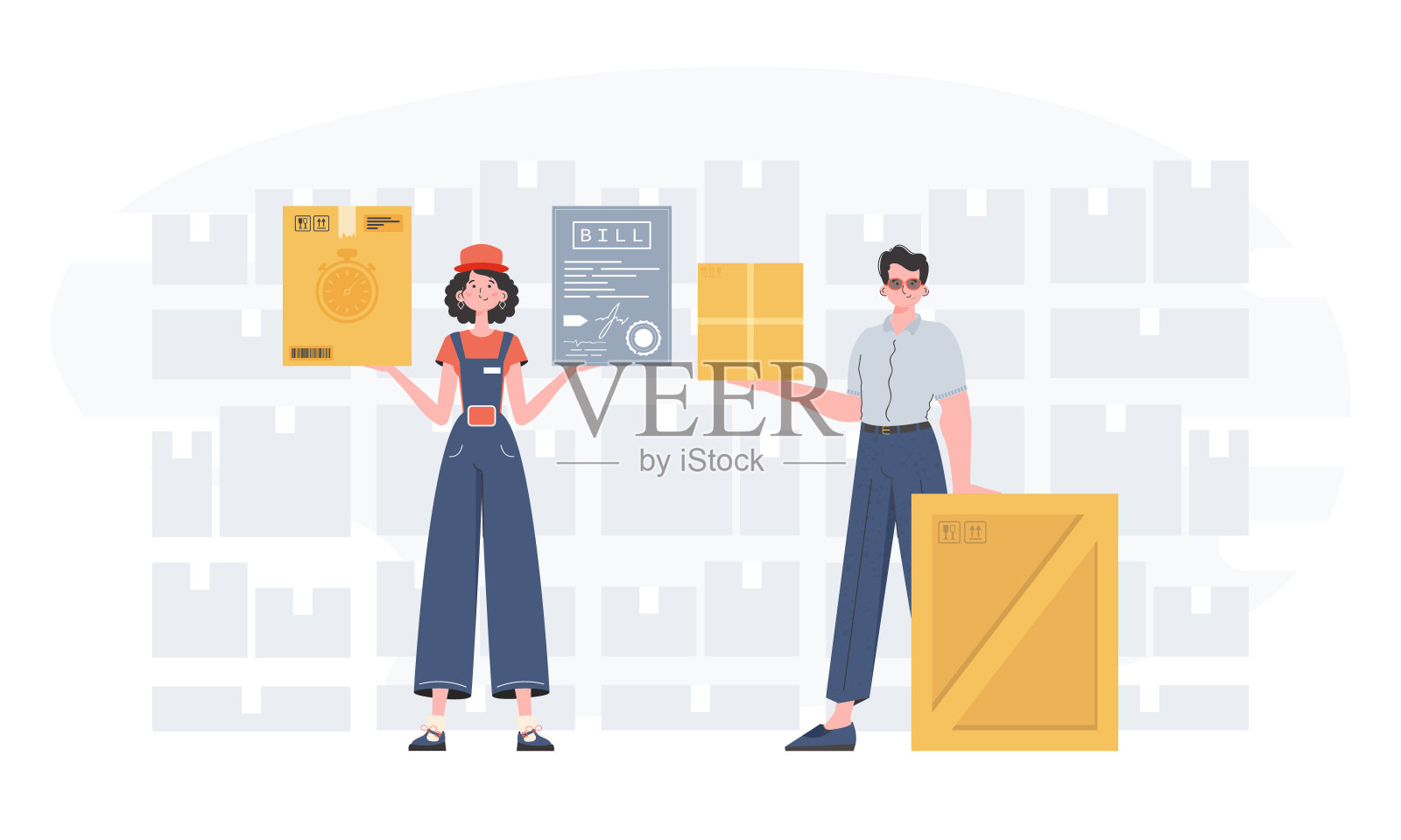 准备好了主题海报交付。食品和包裹递送人员团队。时髦的公寓风格。向量。插画图片素材